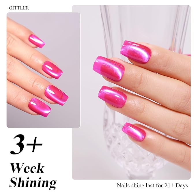 Imtiti Cat Eye Gel Nail Polish, 15ml Hot Pink Crystal Glitter, Magnetic, Holographic, UV LED Manicure Set