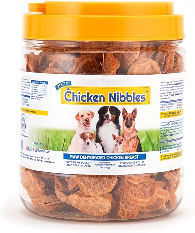 PCI Pet Center Inc. Chicken Nibbles Raw Dehydrated Chicken Breast Dog Treats, 1 Pound Container,16 oz,CHK-101