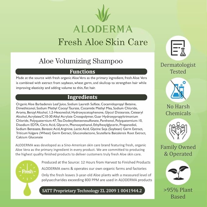 Aloderma Aloe Volumizing Shampoo 16oz - Fresh, Organic Aloe Vera Shampoo (No Water Added) for Fine, Brittle, Thinning Hair - Infused with Arginine & Panthenol - No Alcohol, Parabens, or Mineral Oil