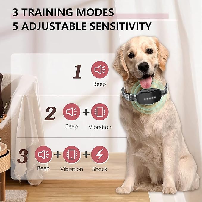 Bark Collar, Dog Bark Collar for Small, Medium and Large Dogs, with 5 Adjustable Sensitivity Beeps Vibration Shock, Waterproof Rechargeable Smart Bark Collar (White)