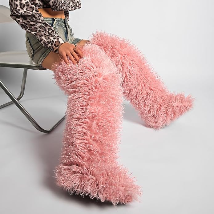 SWEETHEART BEAUTY Thigh High Shagy Teddy Fur Boots, 29 Inch Over the Knee Length Fluffy High Boots, Tall Furry Shoes For Women