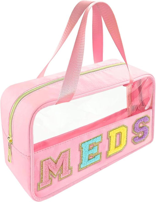 Bunliuys Chenille Letter Clear Makeup Bag Meds Patch, Travel Toiletry Makeup Bag with Handle, Nylon Waterproof Makeup Bags clear cosmetic bag, preppy patch makeup bag for Women (MEDS-Pink)