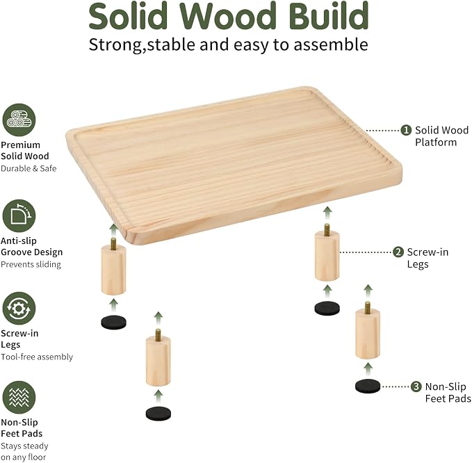Cat Food Stand, Elevated Cat Feeding Station for Bowls & Feeders | Raised Rim Bowl Support, For Automatic Feeders & Bowls, Non-Slip Feet, Tool-Free Assembly, 15.8 x 9.8 in Wood Platform