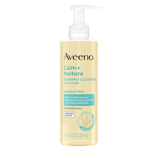 Aveeno Calm + Restore Foaming Cleanser for Sensitive Skin, Daily Face Wash Gently Removes Makeup & Cleanses Skin with Soothing Oat, Feverfew & Hyaluronic Acid, Fragrance-Free, 7.8 fl. oz