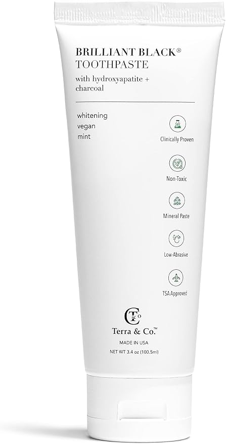 Terra & Co. Brilliant Black Hydroxyapatite Toothpaste for Whitening Teeth – USA-Made - Natural Remineralizing Toothpaste, Fluoride-Free, Vegan, SLS-Free, Low Abrasion – Mint, 3.4 oz