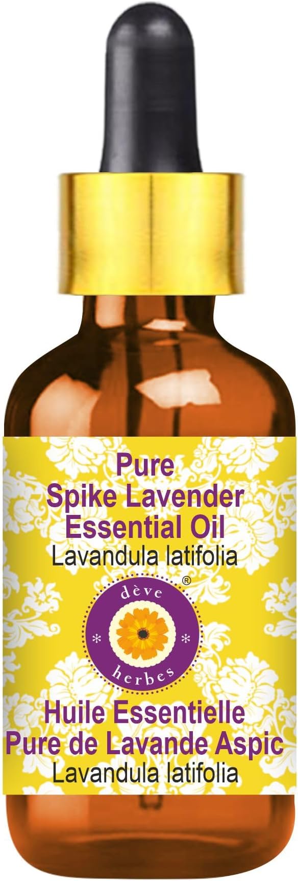 dève herbes Spike Lavender Essential Oil (Lavandula latifolia) with Glass Dropper | Pure | Non-Sticky | Non-Greasy | Lightweight | Men & Women | All Skin Types | Steam Distilled 50ml (1.69 oz)