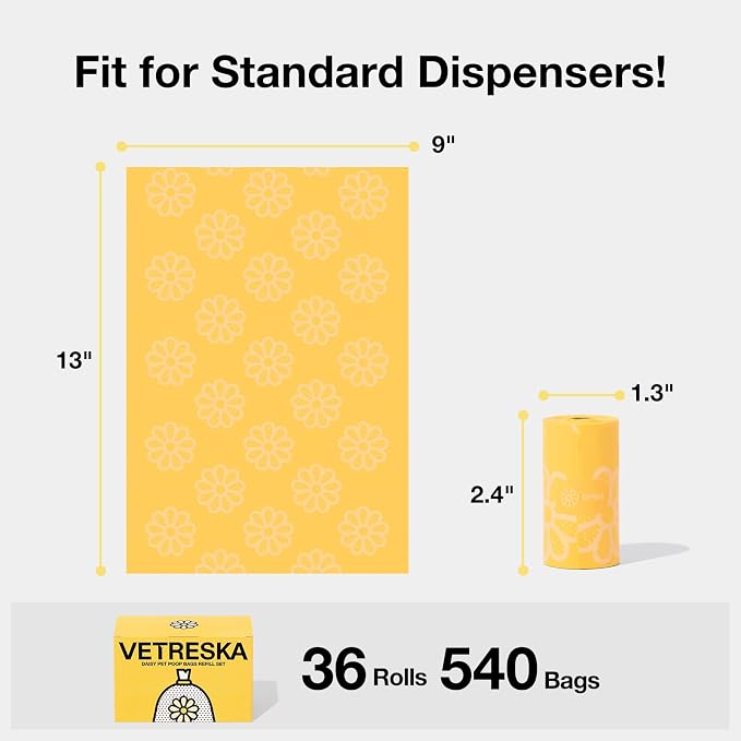 VETRESKA Daisy Scented Dog Poop Bags, 540 Counts, Leak-proof | Extra Thick and Large Pet Waste Bags for Dog Walking and Cat Litter, 36 Refill Rolls