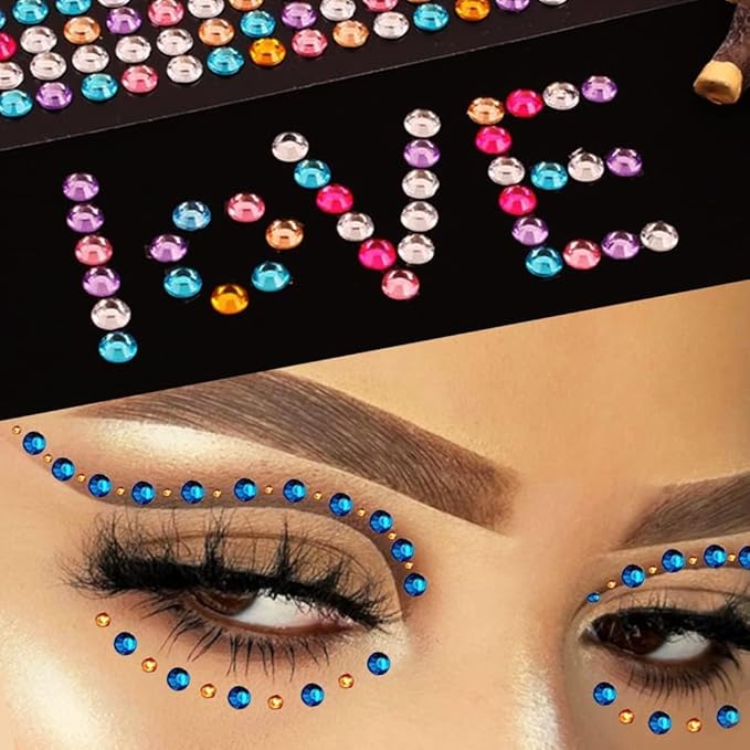 1450 Pieces Eye Face Gems White Pearls Self-Adhesive Rhinestone Stickers for Makeup, Rainbow Glitters Jewels Face Stickers, for DIY Nail Body Accessories
