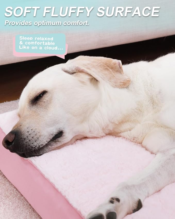 KSIIA Orthopedic Dog Bed for Large Dogs with Waterproof Lining, Pink, 41x27 | Deluxe Soft Plush Dog Crate Bed, Washable Pet Mat with Removable Cover & Egg Crate Foam for Large Dogs Sleeping & Relaxing
