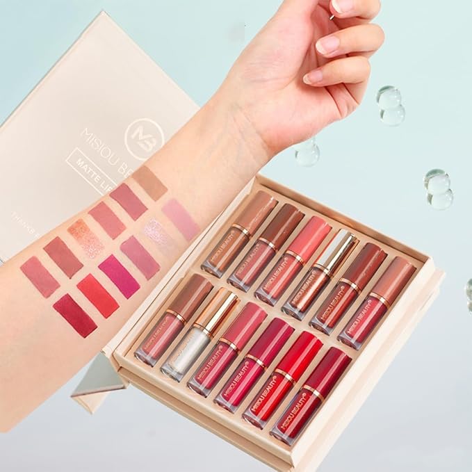 12Pcs Velvet Matte Liquid Lipstick Set, Non-Stick Cup Nude Lip Stain Kit,Waterproof Long Lasting Quick-drying Matte and Glitter Lip Gloss,Lip Makeup Gift Kit for Women