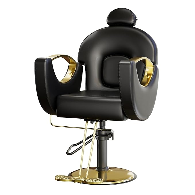 Barber Salon Chair, Reclining Salon Chair with Heavy Duty Hydraulic Pump, 360° Swivel and Height Adjustable, 330 LBS Capacity Spa Beauty Equipment Hairdresser Armchair for Barbershop- Black & Gold
