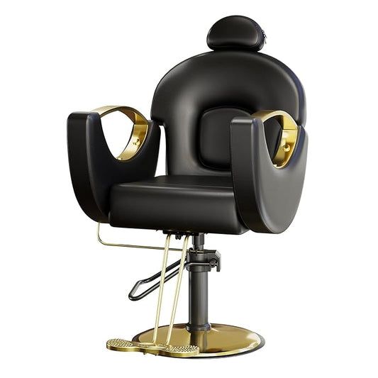 Barber Salon Chair, Reclining Salon Chair with Heavy Duty Hydraulic Pump, 360° Swivel and Height Adjustable, 330 LBS Capacity Spa Beauty Equipment Hairdresser Armchair for Barbershop- Black & Gold