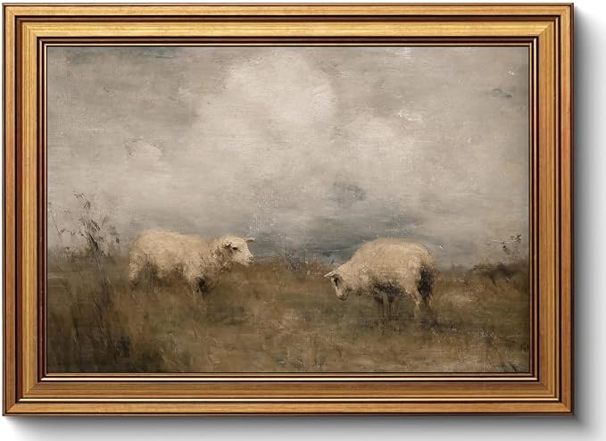 ZLPLLHA Gold Framed Wall Art Vintage Wall Decor Sheep Canvas Art Animal Pictures Rustic Landscape Paintings Scenery Artwork Farmhouse Prints For Living Room Bedroom Office