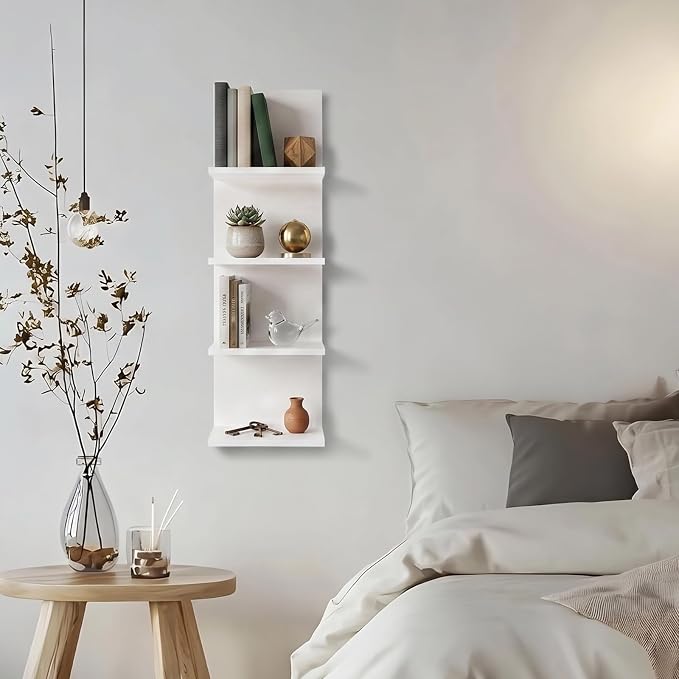 4 Tiers Floating Shelves, Wall Mounted, White | Modern White Lack Shelf, Storage Shelves for Home Decor, Perfume Organizer, Bathroom, Dressing Room, Living Room