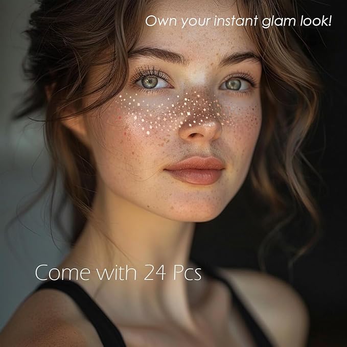 Glitter Freckles Face Tattoo - 24PCS Waterproof Gold Temporary Sparkle Patches for Women, Makeup Glow Up (Rosegold)