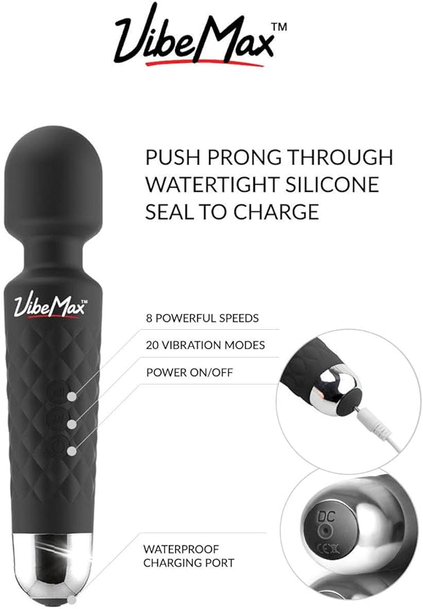 VibeMax Rechargeable Personal Massager - Powerful Multi Speed Vibration - Whisper Quiet - Waterproof - for Muscle Tension Relief in Neck, Back, Shoulders, Legs and Feet - Black