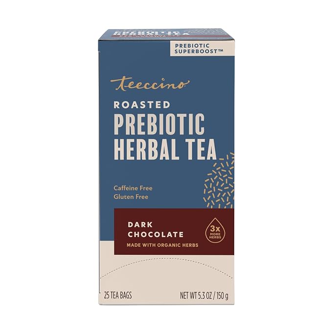 Teeccino Dark Chocolate Prebiotic SuperBoost™ Herbal Tea - Support Your Probiotics with Vegan GOS & Organic XOS For Good Gut Health and Regularity, 25 Tea Bags