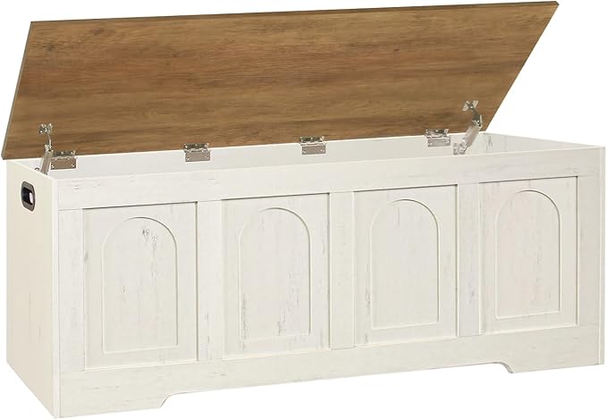Storage Chest, Wooden Toy Box, Honey Brown & Rustic White 50.0" L | Extra Large Storage Bench, 2 Soft-close Hinges, Finger-safe Flip-Top Lid, Easy Assembly, Farmhouse Trunk, Living Room/Bedroom