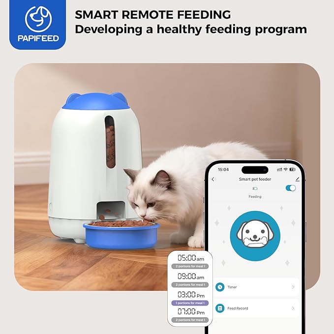 PAPIFEED Automatic Cat Feeder with App, 2.4G WiFi Cat Food Dispenser, 3L Timed Cat Feeders for Dry Food, 10 Meals/Day, 6 Portions/Meal, Dual Power Supply Smart Pet Feeder for Cat, Blue