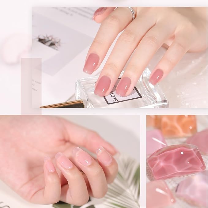 GAOY Gel Nail Polish Kit with UV Light for Beginners, 6 Colors Sheer Jelly Nude Pink, Gel Polish Kit with Top and Base Coat for Salon and Nail Art DIY at Home, Pinkish