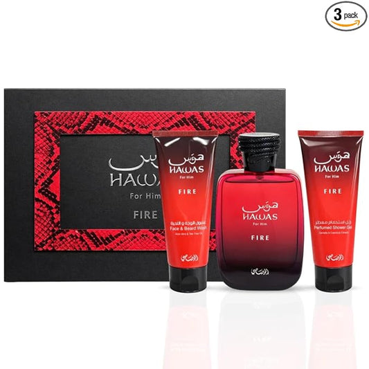RASASI Hawas Fire For Men 3 Piece Gift Set Eau De Parfum Spray, Face & Beard Wash & Shower Gel 100ml (3.4 Oz)