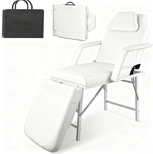 Portable Tattoo Chair, Adjustable Massage Facial Bed with Removable Headrest & Armrest, Foldable Spa Chair with Carry Bag, 73 Inch Esthetician Bed for Salon Beauty Barber Spa Tattoo (White)