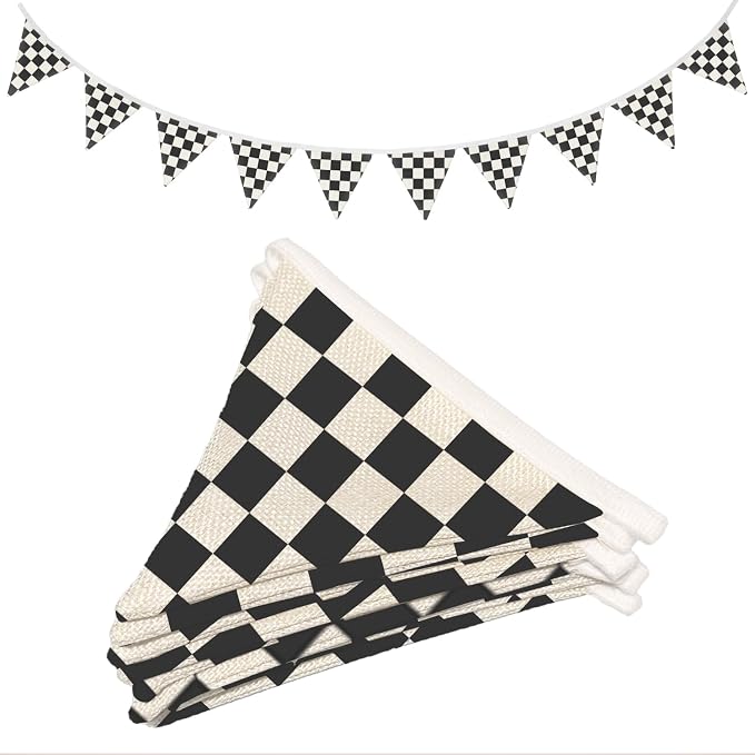 Boys Room Wall Art Decor,Cars Room Decor for Toddler Nursery Playroom, Black and White Checkered Classroom Garland Banners,Racing 11Ft Bunting Flags Fabric for Baby Shower Birthday Party