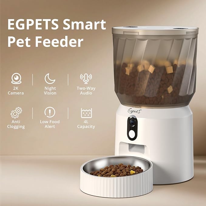 Automatic Cat Feeder with Camera, 2K WiFi Pet Feeder, 4L | Two-Way Talk, Night Vision, 5G & 2.4G Dual-Band WiFi, Custom Portion Control, Low Food Alerts, Call Pet Sound, Easy to Clean