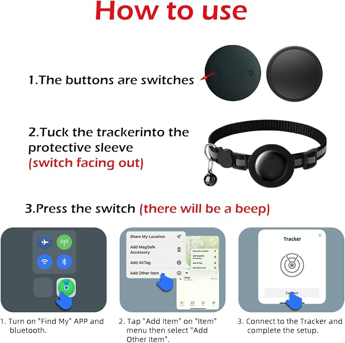 Cat Tracker Collar, Cat Collar with Finder Tag (iOS ONLY), Compatible with Apple Find My, No Monthly Fee, Cat Collar Waterproof (Black)