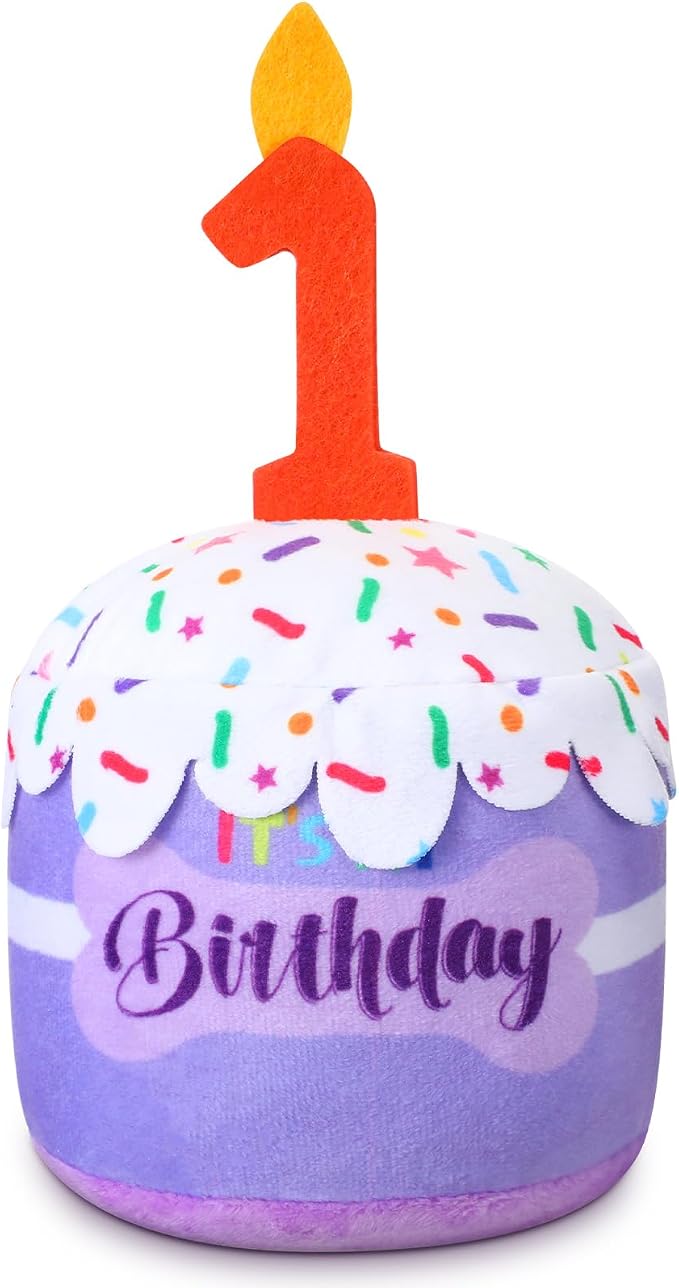 Dansydaisy Dog Birthday Cake Toy Squeaky Plush Gift,1st,Purple