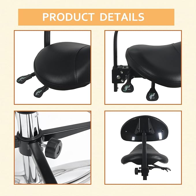 Saddle Stool Chair with Back Support Footrest, Heavy-Duty(350LBS), Hydraulic Rolling Swivel Adjustable Stool Chair for Salon Spa Beauty Massage Dental Clinic Home Office Use(Black)