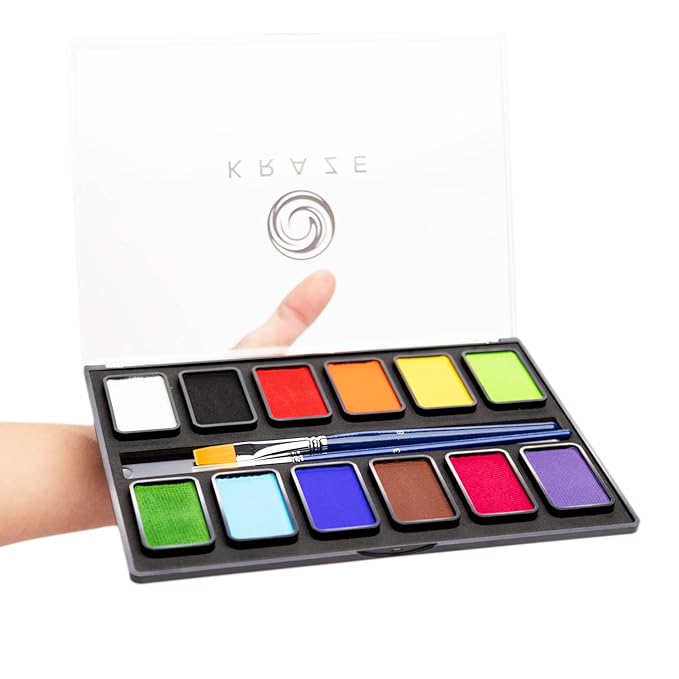 Kraze FX Basic Party Professional Face Paint Palette (12 x 10 gm) - Water Activated, Hypoallergenic, Safe, Non Toxic Body Paint Makeup Cosplay SFX Halloween Face Painting Kit for Kids Adults