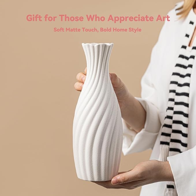 White Ceramic Vase with Swirl Texture - 10" Unique Flower Vase for Pampas Grass & Centerpieces, Decorative Boho/Farmhouse Vase for Living Room, Office Desk & Housewarming Gift (for Her/Yourself)