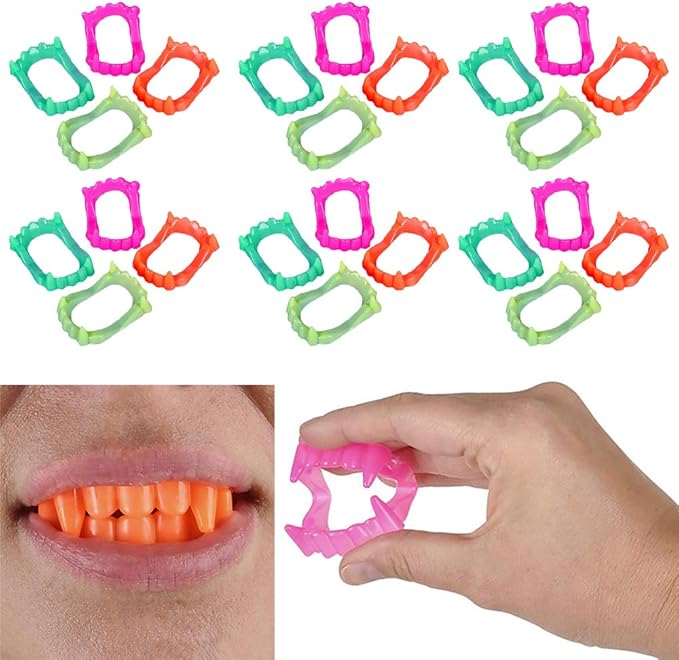 The Dreidel Company 24 Halloween Neon Fangs Teeth, Costume, Funny Dress-Up, Pretend Play Decoration (24-Pack)