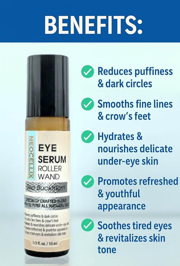 Eye Serum Oil Roller – Made from 12 Botanical Oils for Moisturizing, Puffiness, Dark Circles, Fine Lines & Tired-Looking Eyes – Sea Buckthorn, Rosehip, Helichrysum and More Made in USA 10 ML