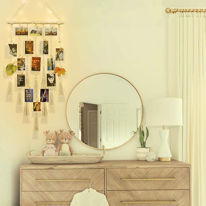 Hanging Photo Display Wall Decor, Macrame Wall Hanging Boho Room Bedroom Decor, Picture Frame Collage Board with Light 30 Clip, Christmas Teenage Teen Girl Gifts Ages 10 11 12 13 14 Years Old