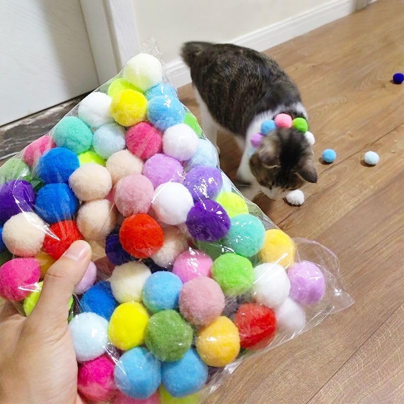 Cat Toy Ball Launcher Set Colorful Plush Toys Pom Pom Balls Cats Enrichment