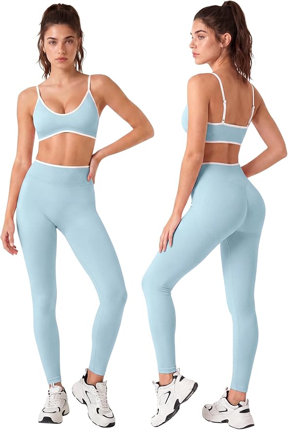 Workout Sets for Women 2 Piece Seamless Color Block Sports Bra Padded Scrunch Butt Lifting Leggings Matching Outfit