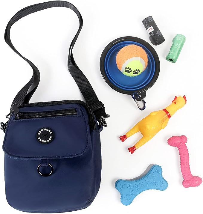 Dog Walking Bag Crossbody Waterproof & Lightweight Treat Pouch for Pet Training, Puppy Treat Tote, Dog Mom Purse (Navy Blue 1.0)