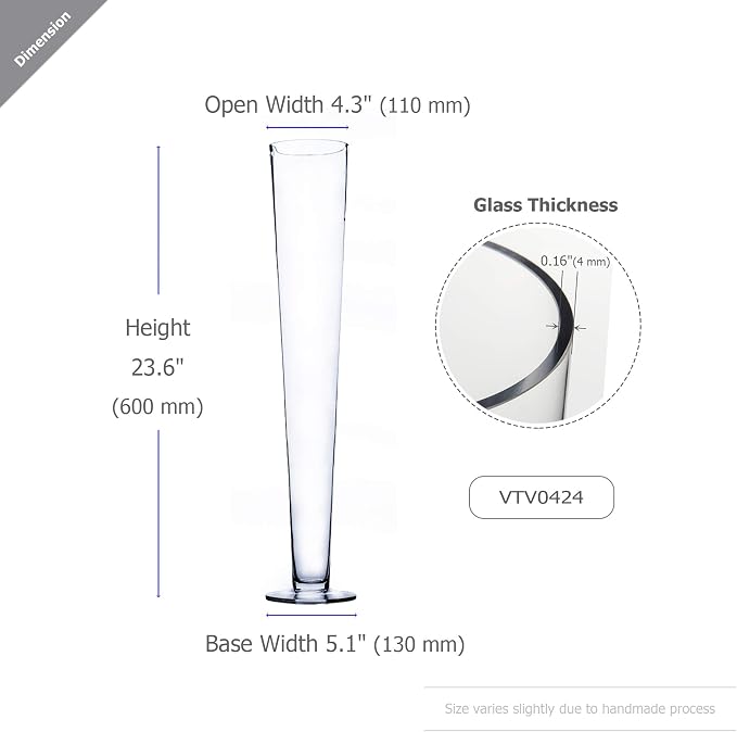 WGV Trumpet Glass Vase Bulk, Open 4", Height 23.5", (Multiple Sizes Choices) Clear Tall Pilsner Floral Planter Container Centerpiece, Wedding Event Home Decor, 6 Pieces (VTV0424)