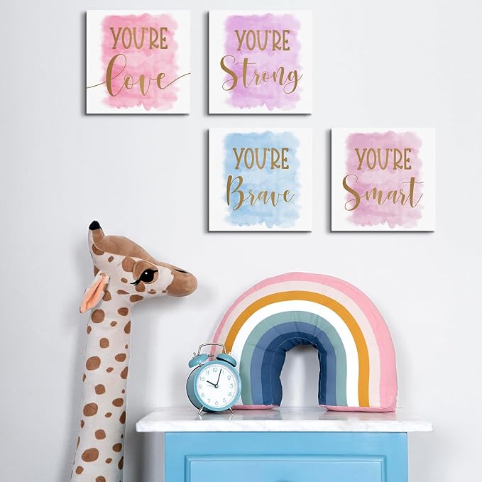 QINGTAI 4 Pcs Watercolor Posters Canvas Wall Art, Girls Room Wall Decor | Posters for Teen Girl, Girl's Aesthetic Framed Posters Art Prints Artwork for Bedroom Girls Room Playroom Home Decor 8x8 Inch