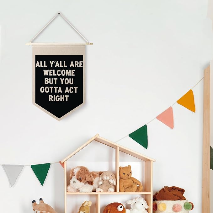 Qpenm All Are Welcome Hanging Wall Canvas Banner,Welcome Hanging Pennant Flag Prints,Funny Posters & Prints Canvas Banner,Funny Classroom Home Living Room Office Wall Art Decor