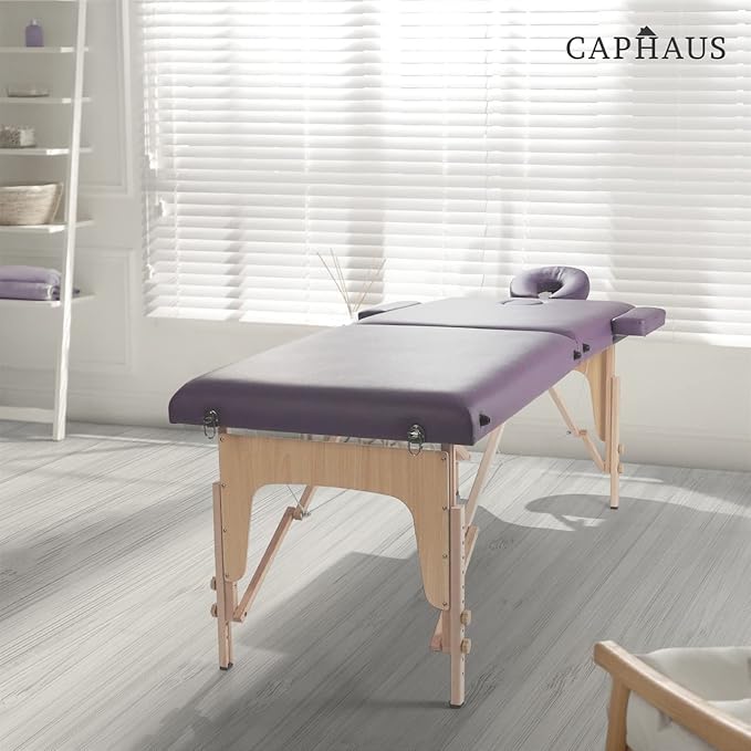 CAPHAUS 84 Inch Memory Foam Massage Table, 28 Inch Wide Foldable & Portable Massage Bed, Facial Cradle Salon Bed Wooden Legs & Carry Case, Height Adjustable Spa Bed, Purple