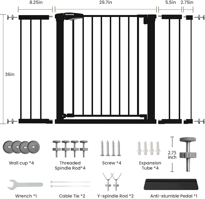 Mumeasy 36" Extra Tall Baby Gate for Stairs, 29.7-48" Wide Dog Gate for Doorways, Walk Thru Pet Safety Gate for Indoor, Pressure Mounted with Auto Close, Easy Install No Drill for Toddlers, Black