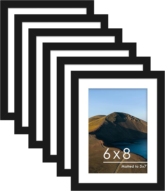 6x8 Picture Frame Set of 6, Wall or Tabletop Display, Black | Display 5x7 with Mat or 6x8 Without Mat, Horizontal or Vertical, Gallery Wall Frame Set for Wedding & Room & Home Decor