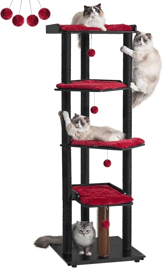 FourFurPets Heavy Duty Cat Tree, 67.7" Cat Tree for Indoor Cats Large Adult, Modern Cat Tower for Large Cats, Cat Tower with Scratching Post, Large Perch and Removable Pads,Black & Red
