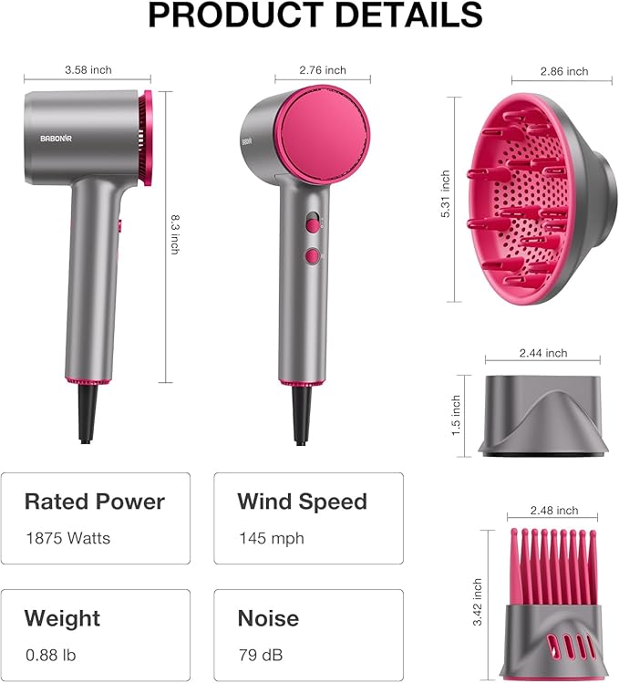 BABONIR High-Speed Hair Dryer 110,000 RPM, 1875W Ionic & Plasma Blow Dryer with Diffuser, Concentrator & Comb, 550 Million Ionic Hairdryer with Cool Shot, Low-Noise CompactPro Travel & Salon – Gray
