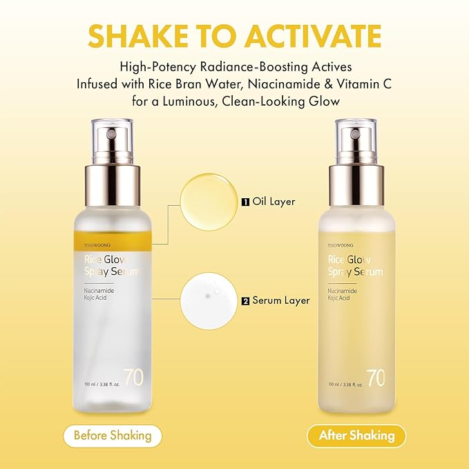 TOSOWOONG Rice Glow Spray Serum, 70% Rice Bran Water, Vitamin C, Kojic Acid, Glutathione, Hyaluronic Acid, PDRN, Hydrating All In One Face Mist for Glass Skin, Korean Skincare, 100ml / 3.38 fl. oz.