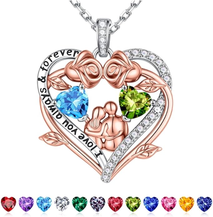 Iefil Valentines Gifts for Her Wife - 925 Sterling Silver Double Heart Birthstone Necklace, Anniversary Birthday Gifts for Women Wife Girlfriend