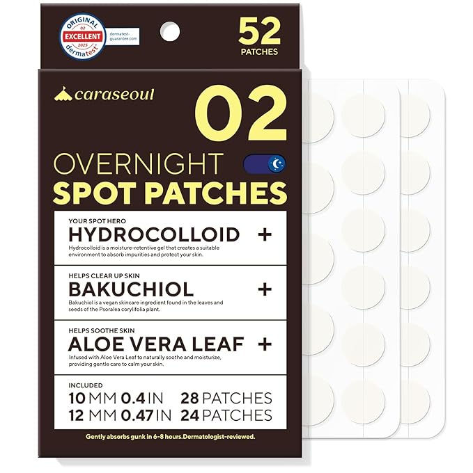 caraseoul Overnight Pimple Patches, Thicker & Extra Adhesion, 2 Size Hydrocolloid Acne Patch for Zits and Blemishes, Bakuchiol & Aloe Vera, Korean Skin Care, Easy to Use – Dermatology Tested